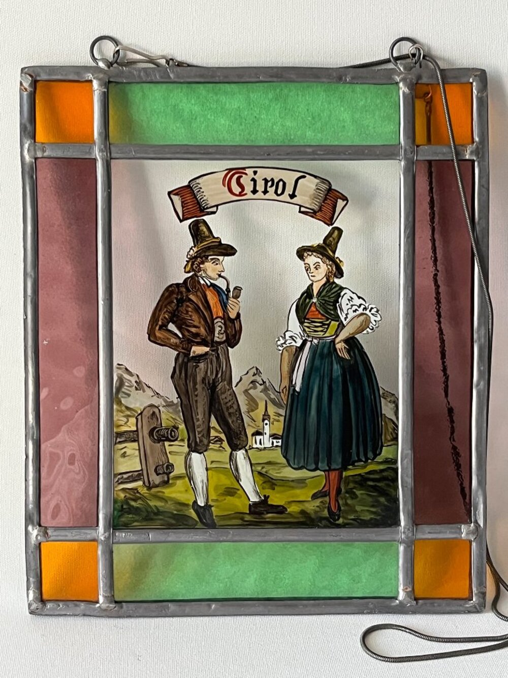 Vintage Tyrolean Stained Glass Handpainted Suncatcher Panel Alpine Folk Art